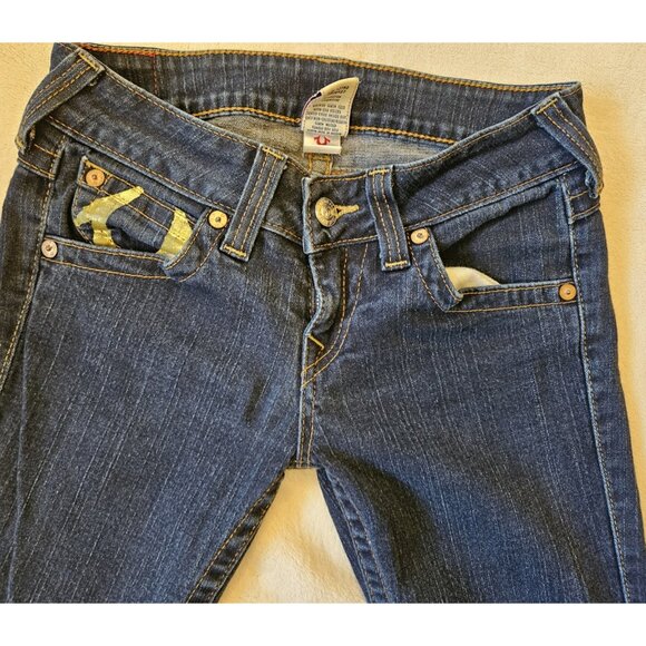 True Religion Joey Women's 29 Bootcut Gold Foil Flap Pocket Blue Jeans - Picture 3 of 15